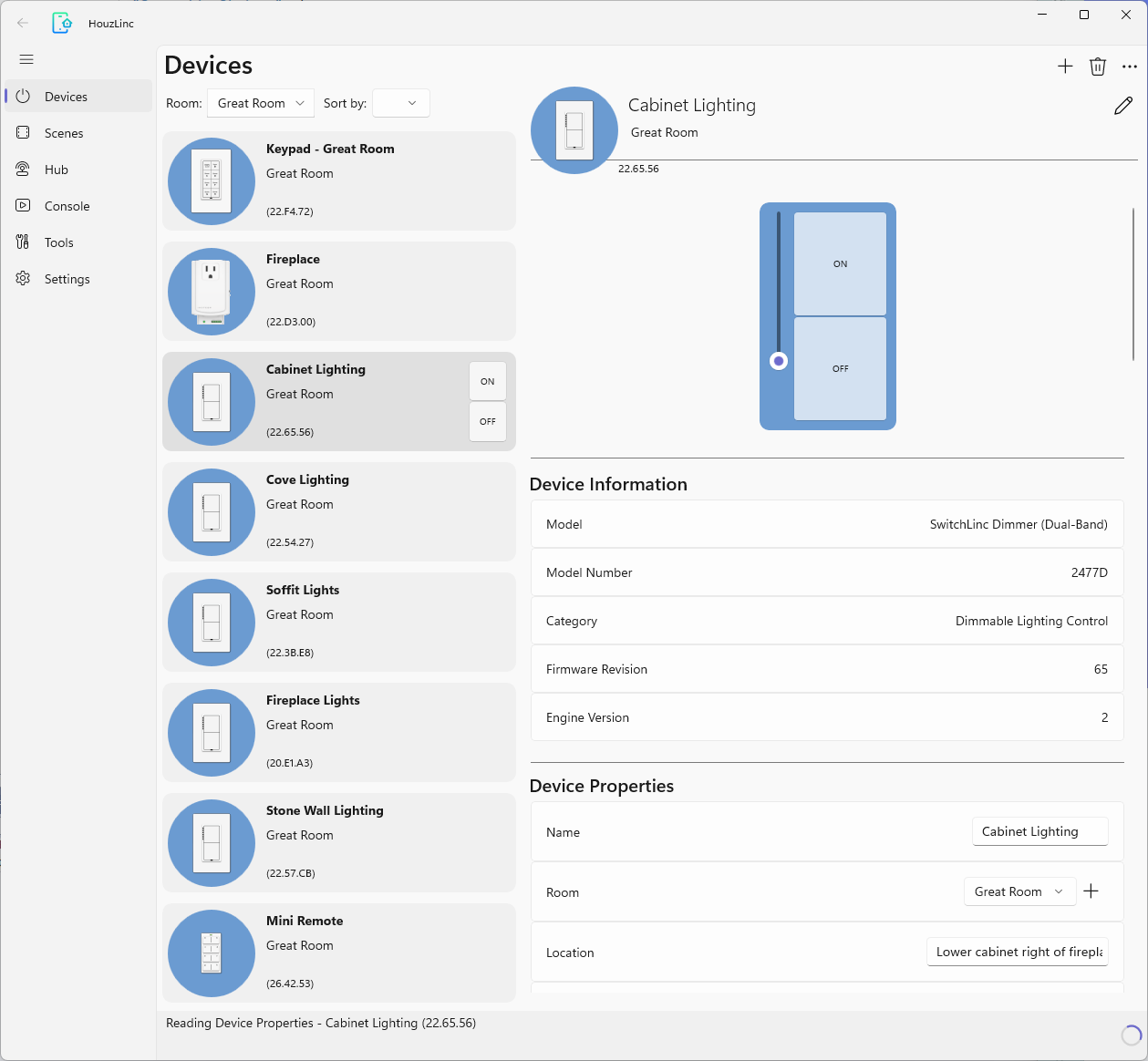 HouzLinc Windows Interface showing device management